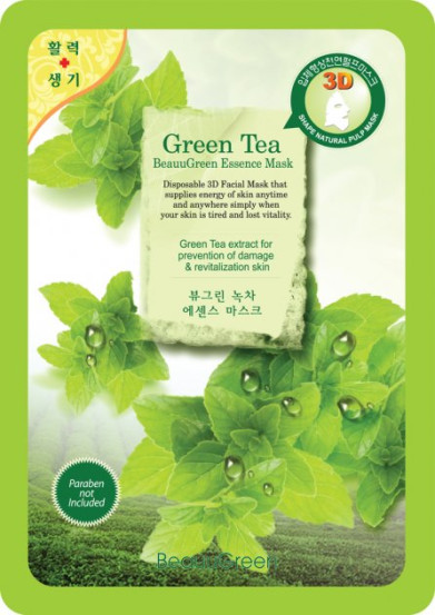Антиоксидантна маска для обличчя із екстраком зеленого чаю Beauugreen 3D Green Tea, 10 шт